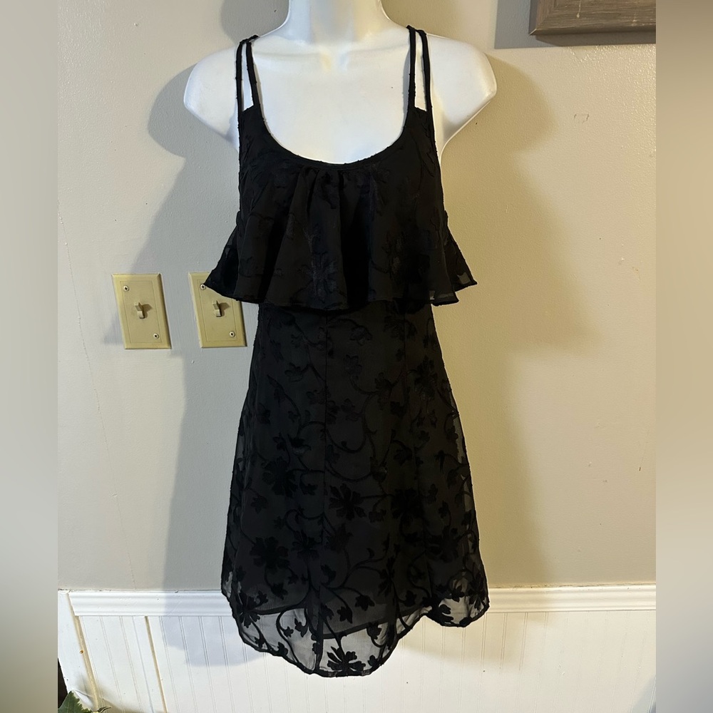 Black Mini Dress with Floral Burnout Overlay